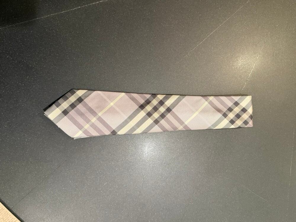 Burberry London Men’s Silk Tie Gray Lavender Plaid Check Luxury Designer